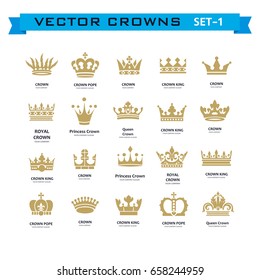 Vector collection of creative king, queen, princess, pope crowns symbols or logo elements. Set of Geometric vintage crown