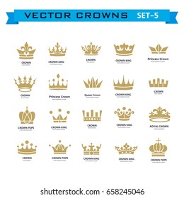 Vector collection of creative king, queen, princess, pope crowns symbols or logo elements. Set of Geometric vintage crown