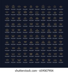 Vector collection of creative king, queen, princess, pope crowns symbols or logo elements. Set of Geometric vintage crown