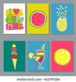 Vector collection of creative summer cards.  placard, poster, flyer.  background, wallpaper with pineapple, watermelon, lemon,ice cream,parrot, palm leaves, cocktails.