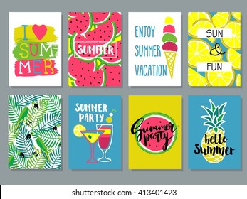 Vector collection of creative summer cards.Placard, poster, flyer. Background, wallpaper with pineapple, watermelon, lemon,ice cream,parrot, palm leaves, cocktails.