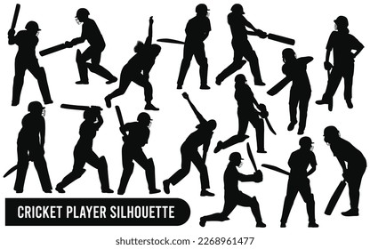 Colección vectorial de siluetas de jugadores de cricket en diferentes poses