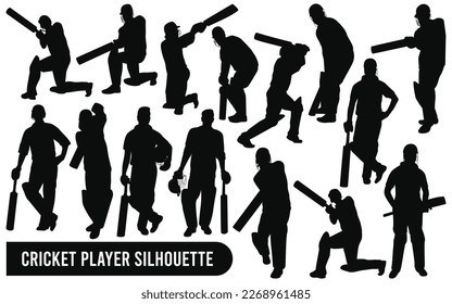 Vector collection of cricket player silhouettes in different poses