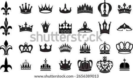 Vector Collection of Crown Icons in Various Styles, Royalty Symbols for Leadership, King, Queen, Authority, and Victory Concepts