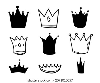 Vector collection of crown, tiara, diadema hand drawn. Scribble bullet journal sticker pack set ink paint bruh isolated on white background.