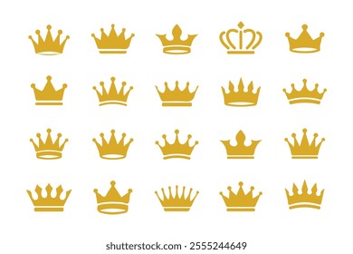 Vector collection of crowns, symbols of royal luxury, gold crown silhouettes, isolated on white background.