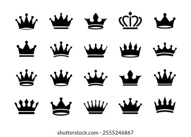 Vector collection of crowns, symbols of royal luxury, black crown silhouettes.