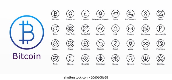Vector collection of crypto currency blockchain flat logo coins, isolated on white background: Bitcoin, Dash, Dogecoin, Emercoin, Ethereum, Icon, Lisk, Nem, Monero, Ripple, Siacoin, Tenx ...
