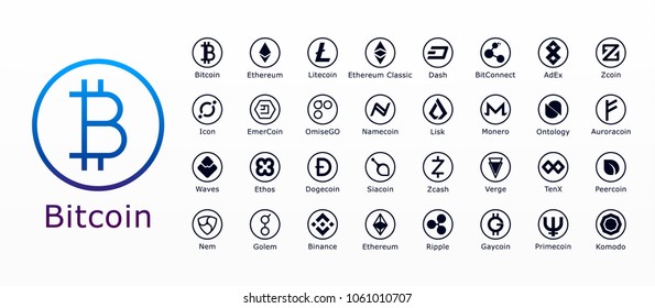 Vector collection of crypto currency blockchain flat logo coins, isolated on white background: Bitcoin, Dash, Dogecoin, Emercoin, Ethereum, Icon, Lisk, Nem, Monero, Ripple, Siacoin, Tenx ...