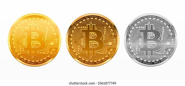 Vector collection of crypto currency blockchain Bitcoin logo coins, isolated on white background. Gold and silver metal Bitcoin cryptocurrency digital coin.