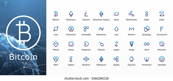 Vector collection of crypto currency blockchain flat logo coins, isolated on white background: Bitcoin, Dash, Dogecoin, Emercoin, Ethereum, Icon, Lisk, Nem, Monero, Ripple, Siacoin, Tenx ...