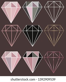 Vector collection of crystals, diamonds on dark coloured background. Trendy colors, nordic style. Isolated objects for design print, texture and etc.