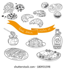Vector collection of cupcakes, cookies and sweets icons. Hand drawn illustration with Cakes and cupcakes. Teatime set.