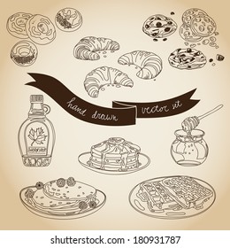 Vector collection of cupcakes, cookies and sweets icons. Hand drawn illustration with Cakes and cupcakes. Teatime set.