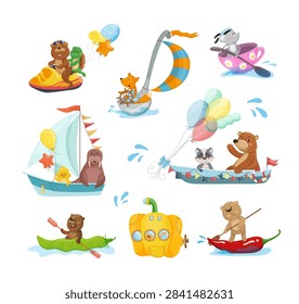 Vector collection of cute animal characters sailing on imaginative boats, ships, and water vehicles for nursery art and kids design.