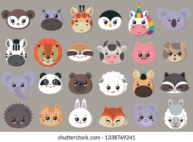 Vector collection of cute animal faces, big icon set for baby design. Koala, cow, giraffe, penguin, unicorn, bear, pig, dog, fox, panda, cat, lion rabbit raccoon hippo sloth mouse zebra lama