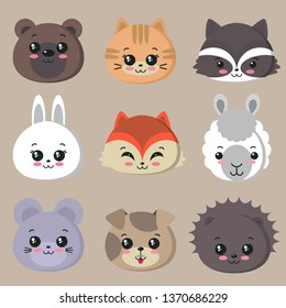 Vector collection of cute animal faces, bunny, bear, dog, fox, cat, raccoon, mouse hedgehog lama. Icon set for baby design