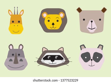 Vector collection of cute animal faces, icon set for baby design. Vector illustration