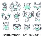 Vector collection of cute animal heads for baby and children design. Fox, giraffe, lion, rabbit, tiger, hippo, cat, coala, elephant, panda, bear, zebra.