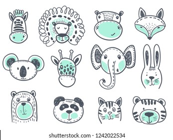 Vector collection of cute animal heads for baby and children design. Fox, giraffe, lion, rabbit, tiger, hippo, cat, coala, elephant, panda, bear, zebra.