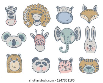 Vector collection of cute animal heads for baby and children design. Fox, giraffe, lion, rabbit, tiger, hippo, cat, coala, elephant, panda, bear, zebra.