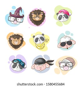 Vector collection of cute animals cartoon illustration for kids. Set of cartoon animals. Cute lion, panda, sheep, and pig with eyeglasses, hat, and headband.