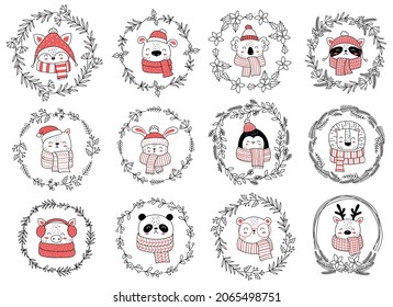 Colección vectorial de lindos animales en ropa con corona para Navidad y Año Nuevo. Ilustración aislada de la línea de doodle. Vacaciones de invierno, ducha de bebé, cumpleaños, fiesta infantil