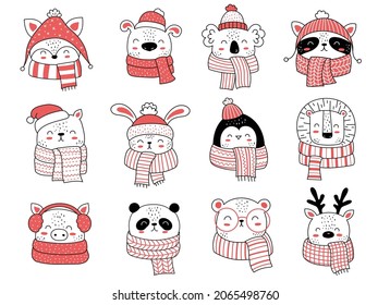 Vector collection of cute animals in clothes for Christmas and New Year. Doodle line isolated illustration. Winter holidays, baby shower, birthday, children's party