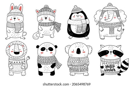 Vector collection of cute animals in clothes for Christmas and New Year. Doodle line isolated illustration. Penguin, panda, rabbit. Winter holidays, baby shower, birthday, children's party