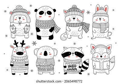 Vector collection of cute animals in clothes for Christmas and New Year. Doodle line isolated illustration. Bear, deer, rabbit. Winter holidays, baby shower, birthday, children's party