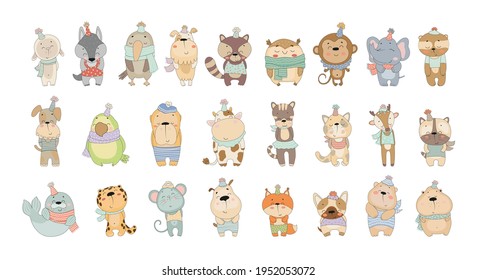 Vector collection of cute animals. Colorful childrens illustrations. Characters for illustrating books, cards, prints.