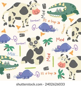 vector collection of cute animals cow, mouse, crocodile, panda with seamless pattern