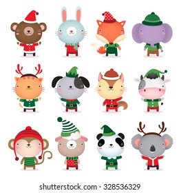 Vector collection of cute animals design with Christmas and winter theme costumes