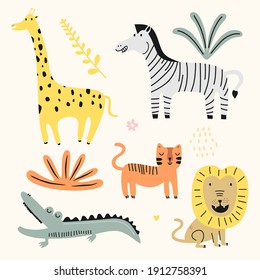 Vector collection of cute animals for kids. Jungle animals with lion, crocodile, cat, zebra. Hand drawn graphic zoo. Perfect for baby shower, postcard, label, brochure, flyer, page, banner design