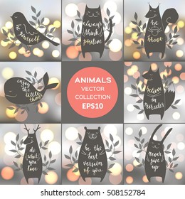 Vector collection of cute animals with motivation phrases. Brush hand lettering. Blur shining background. EPS10
