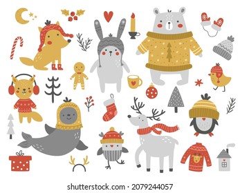 vector collection of cute animals in warm clothes, christmas illustration, clip art set for children