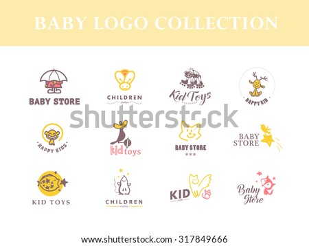 Vector collection of cute baby logo.Children toys store symbol. Kids fashion label design. Children clothes brand. Baby and kid store insignia template.