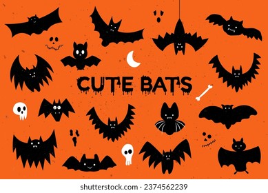 Vector collection of cute bats. Vector illustration, traditional Halloween decorative elements. Hand drawn magic characters for kids. Ideal for cards, poster, prints