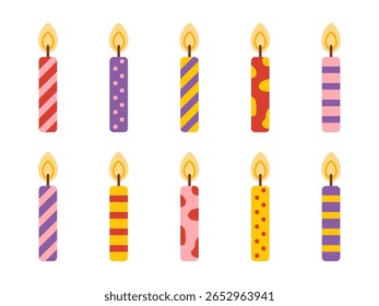 Vector collection of cute birthday candles in flat style. Bright candlelights with burning flames. Decorative candles set perfect for celebration greeting cards or party design.
