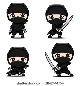Colección vectorial de ninja negra linda con varias poses con espadas