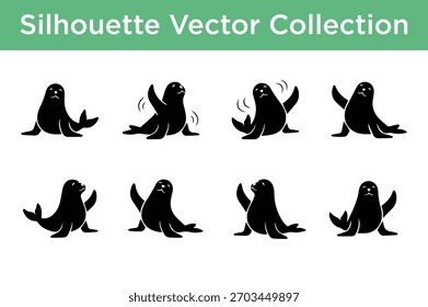 colección de Vector de lindas siluetas de foca negra en varias poses juguetonas, aisladas sobre fondo blanco.