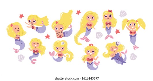 Vector collection of cute blond mermaids, hand drawn style. Under the sea set  - little mermaids, seashells, stars. Perfect for kids graphic tees, fabric, textile, posters, stickers