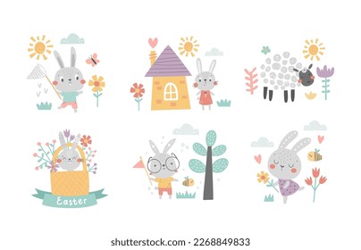 vector collection of cute bunny illustrations, spring images for children, cute consept for kids