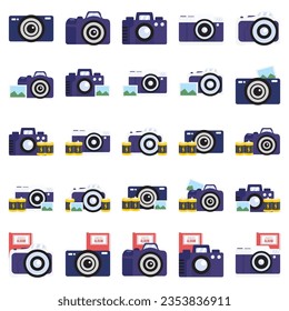 Die Kollektion von Cute Camera Icon Pack, Doodle Camera Icon auf weißem Hintergrund umfasst Zubehör - Blitz, Stativ und Kameraband