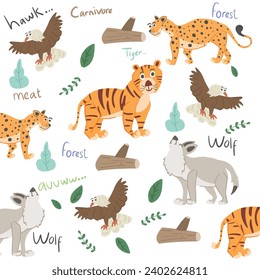 vector collection of cute carnivorous meat eating animals with seamless pattern