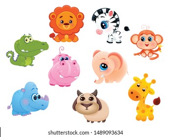 vector collection of cute cartoon african animals with big eyes, set for learning at school, printable stickers isolated on white background, eps 10 funny wild animal for kids