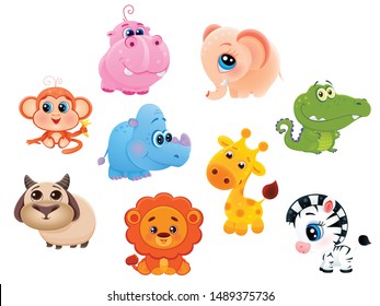 Vector Collection Of Cute Cartoon African Animals With Big Eyes, Set For Learning At School, Printable Stickers Isolated On White Background, Eps 10 Funny Wild Animal For Kids