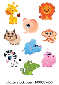 vector collection of cute cartoon african animals with big eyes, set for learning at school, printable stickers isolated on white background, eps 10 funny wild animal for kids