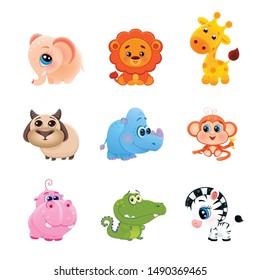 vector collection of cute cartoon african animals with big eyes, set for learning at school, printable stickers isolated on white background, eps 10 funny wild animal for kids