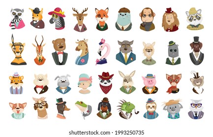 Vector collection of cute cartoon animal portraits. Characters for children's books, cards, stickers, prints. Illustrations for kids.